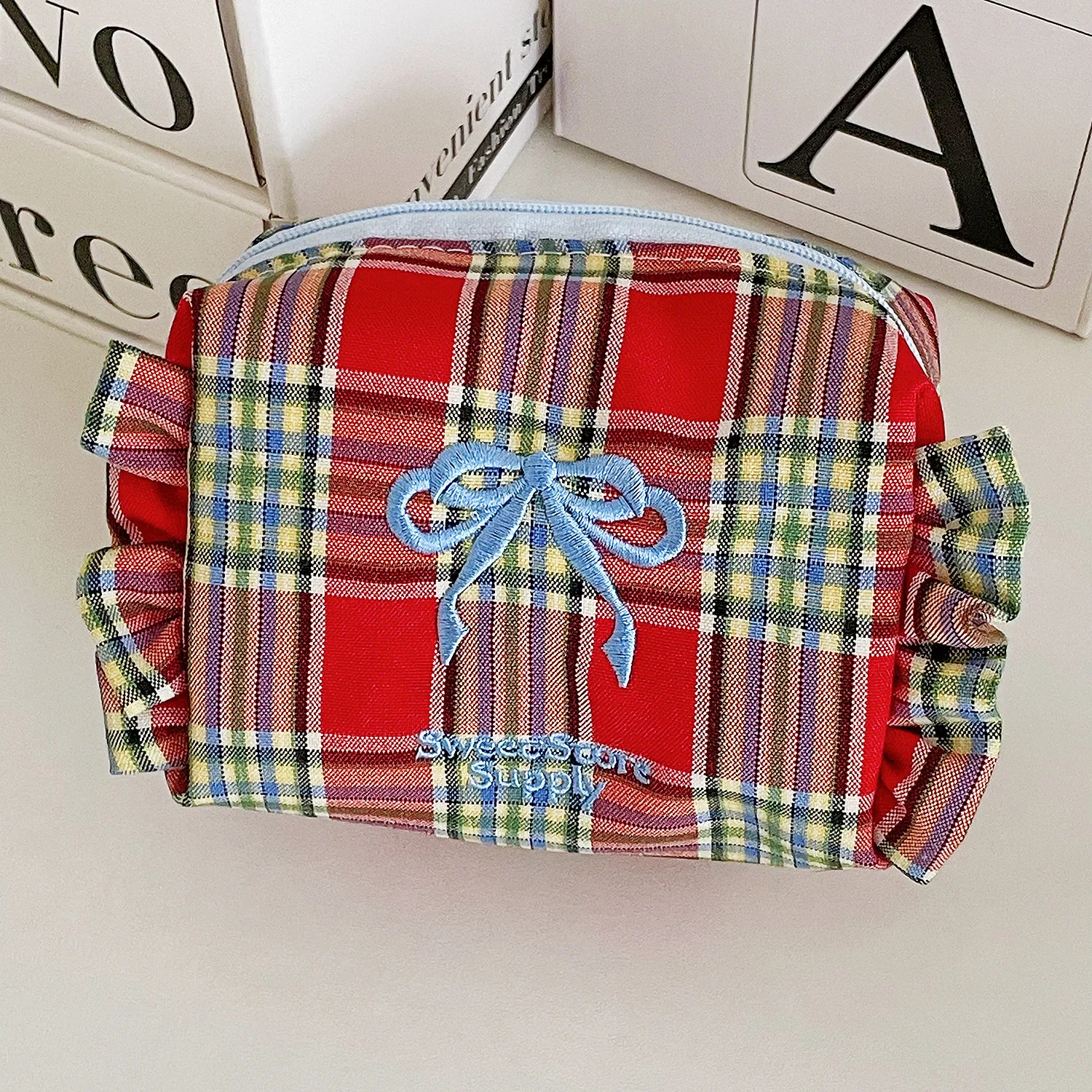 1 PC Checkered Bow ปักกระเป๋า,Ruffle EDGE แบบพกพานักเรียนกระเป๋าเดินทาง,ลิปสติกแต่งหน้ากระเป๋า, กระเป๋าเหรียญ