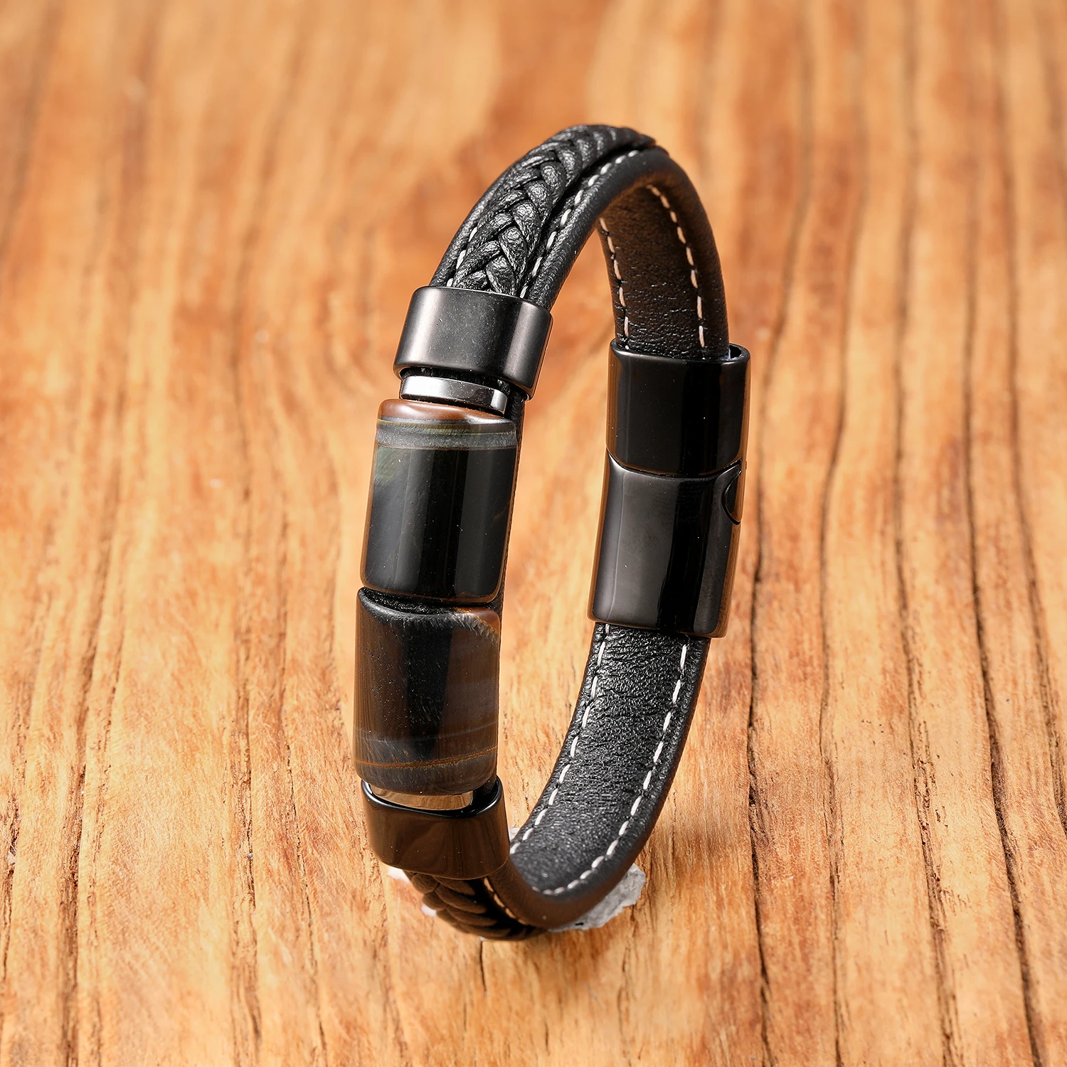 Natürliches Tigerauge-Steinarmband für Männer Hochwertiger Edelstahl Lederband Energiestein Pulseras Hombre Geschenk für Ihn – Detail 4