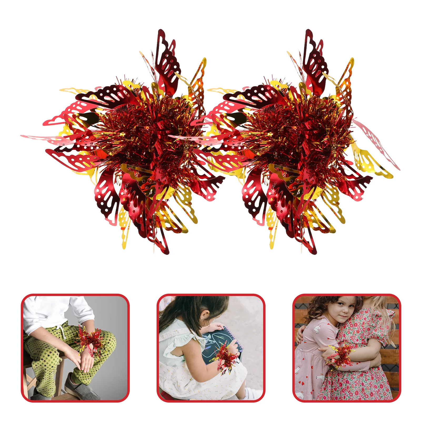 

6pcs Kids Dance Hand Flower Pom Poms Red Gold Metallic Lightweight For Party Performance School Activities Game Events