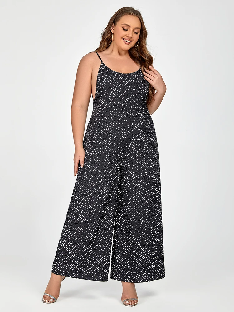 Plus Sized Clothing Women Black Polka Dot Spaghetti Strap Jumpsuit with Pockets Wide Leg Pants Female Clothes Summer Jumpsuit