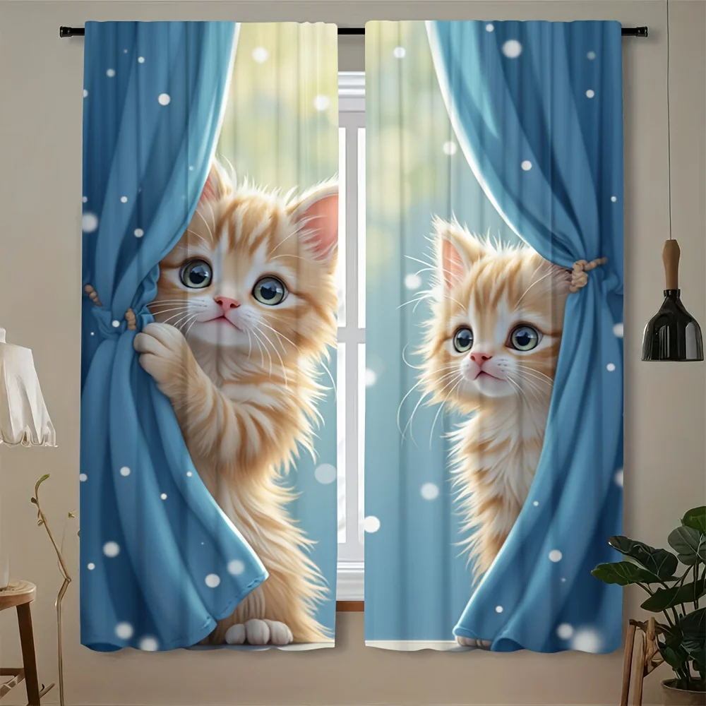 2pcs Adorable Ginger Cat Print Curtains – Easy-Hang, Machine-Washable with Rod Pocket for Living Room & Bedroom