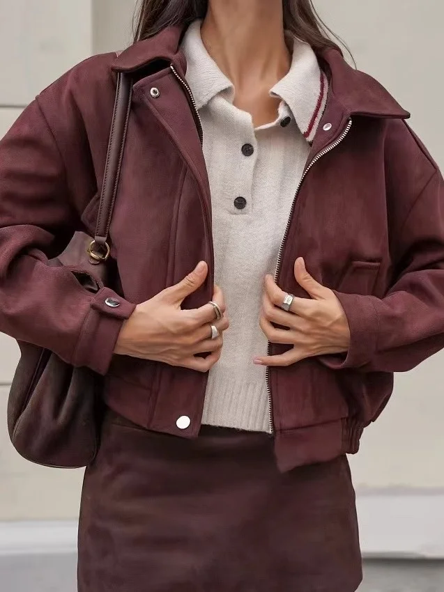 

Свободная молния из кожи оленя, бархатная куртка, модная повседневная женская верхняя одежда с воротником большого размера, длинный све