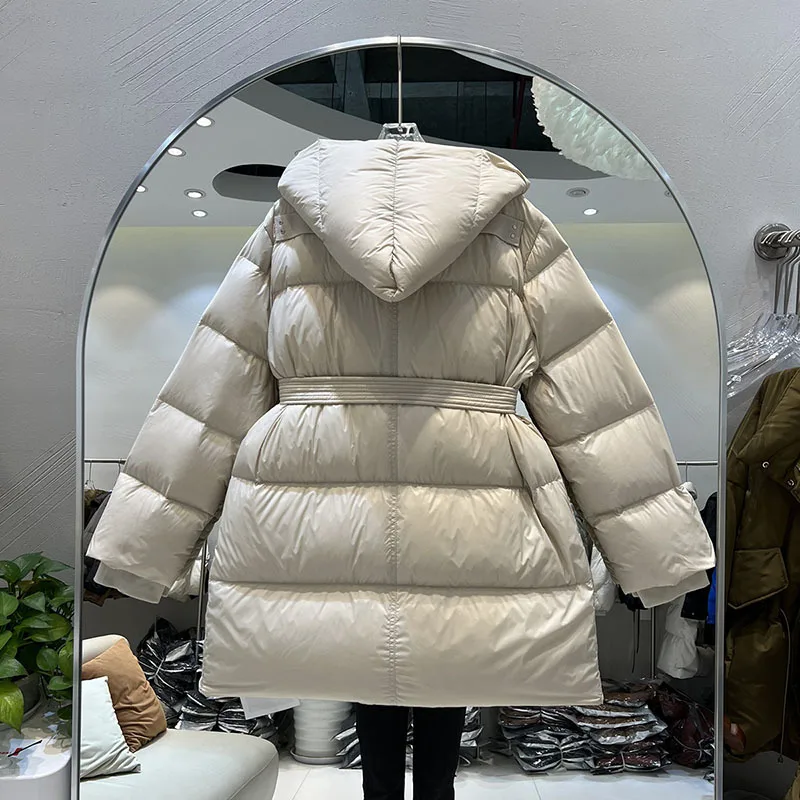 2023 New Winter Ultra Light Mid Long Puffer Jacket Women Hooded Waist Lace Up Loose Warm White Duck Down Casual Overcoat