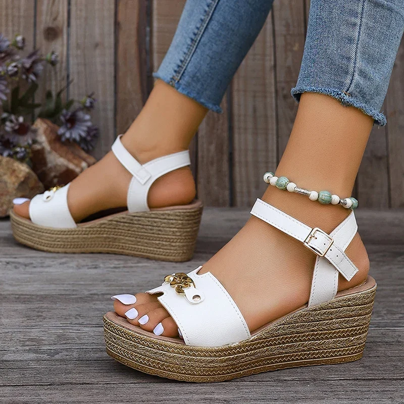 

Women's Chain Decor Wedge Heel Sandals Brown PU Leather Platform Sandals for Women 2024 Summer Thick Sole Beach Sandalias Mujer