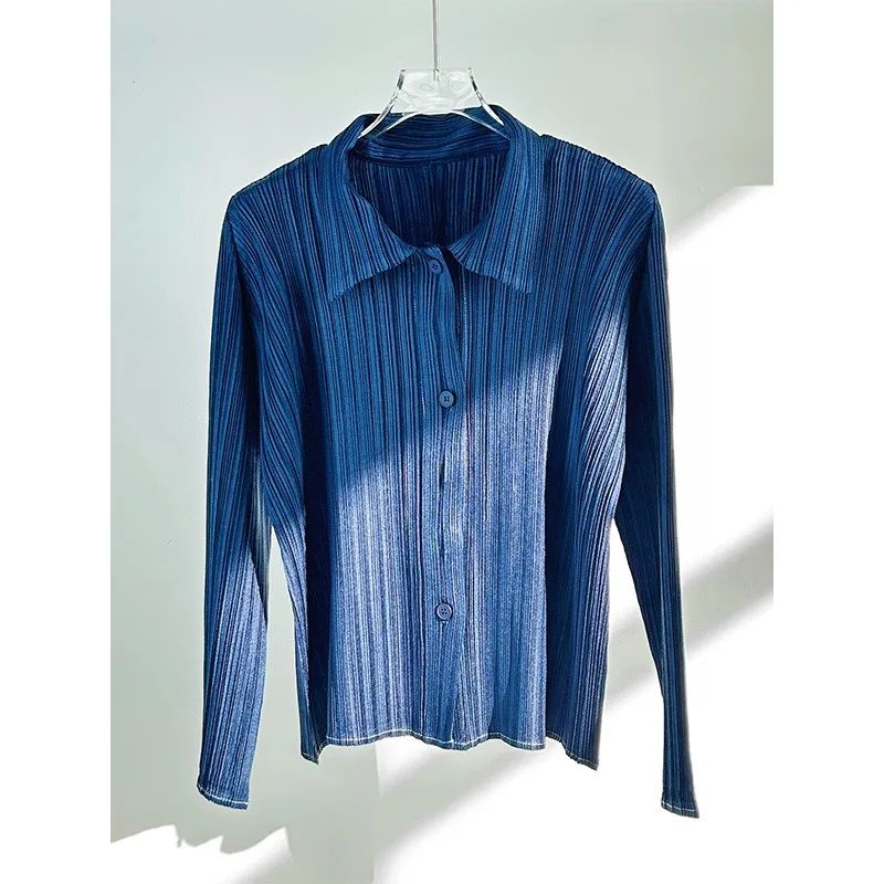 Miyake Japan Plissee-Shirt für Damen, 2026, neues Revers, einreihig, einfarbig, langärmelig, vielseitige Oberteile, Außenjacke, Kleidung