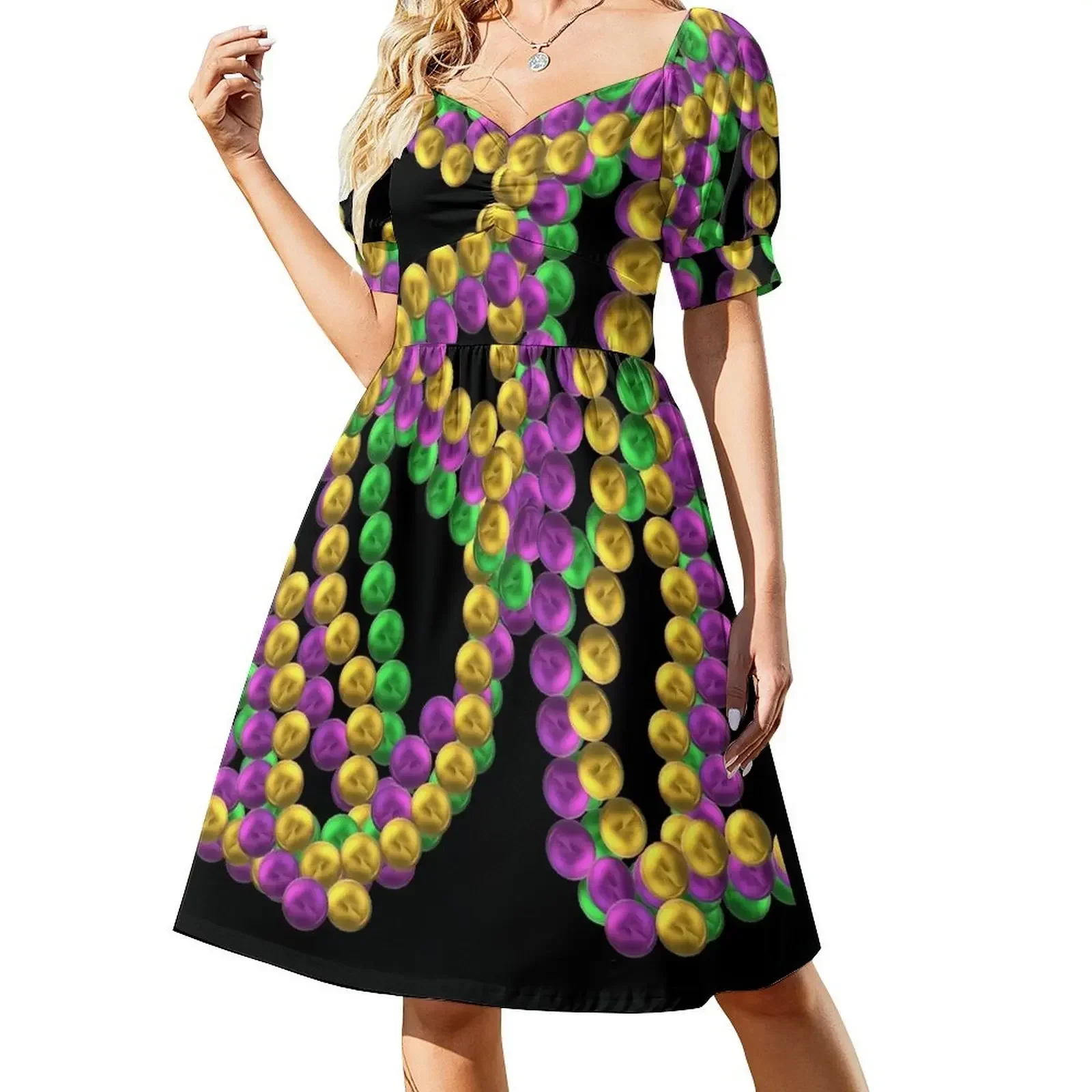 

Twisted Mardi Gras Bead Necklaces in Purple, Green and Gold (Black Background) Sleeveless Dress dresses for womens 2025 Dress