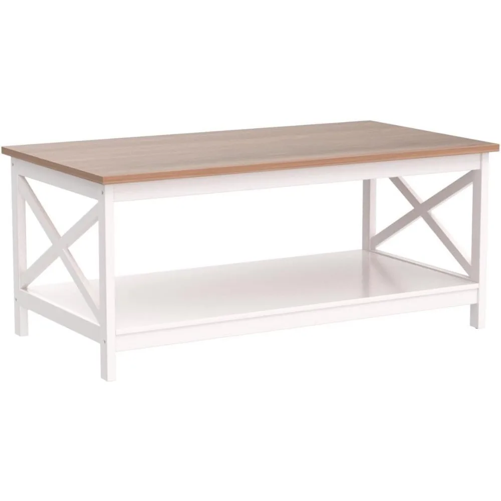 Mesa de centro - Mesas de centro modernas com armazenamento para prateleira de sala de estar de 2 camadas, conjunto de mesa de centro de fazenda mesas de café