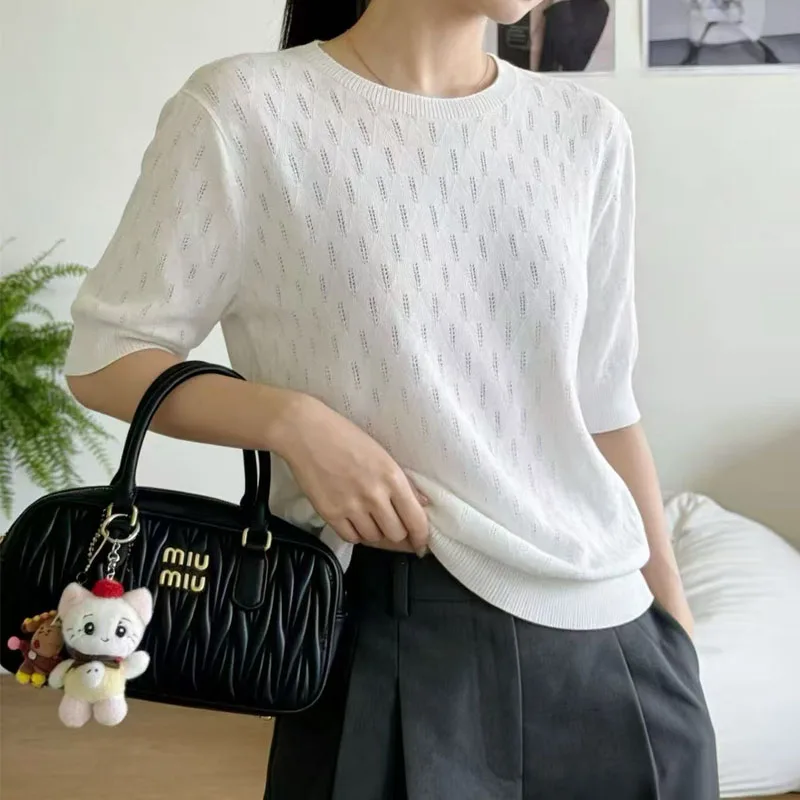 

Knitted Sweater Women Pullovers White Short Sleeve Hollow Out Knit Sweater Pullover Women Tops New O-Neck Sueters De Mujer Q3374