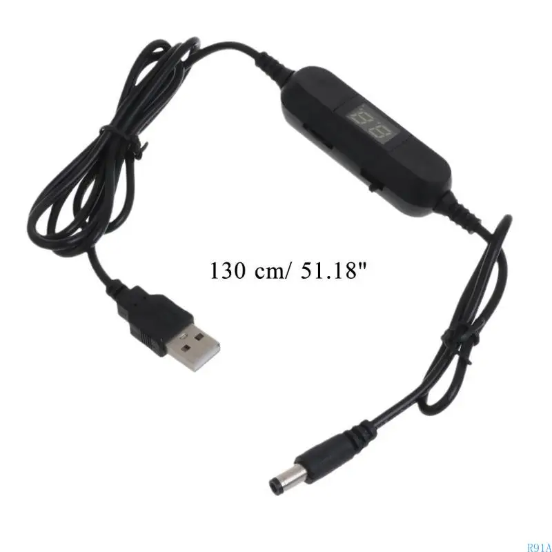 R91A 130 سم USB إلى 1.5 فولت 3V4.5V 6V 8V 12V 5.5x2.1mm كابل فولتية قابل للتعديل مع مقياس الفولت