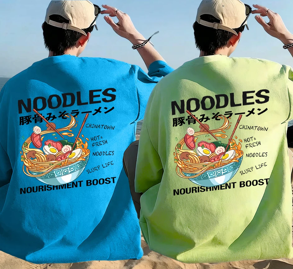 

Delicious Pork Bone Lamian Noodles Pattern Cotton Summer Basics T Shirt Sets Man Comfy All-Match Short Sleeve Loose Youth Tops
