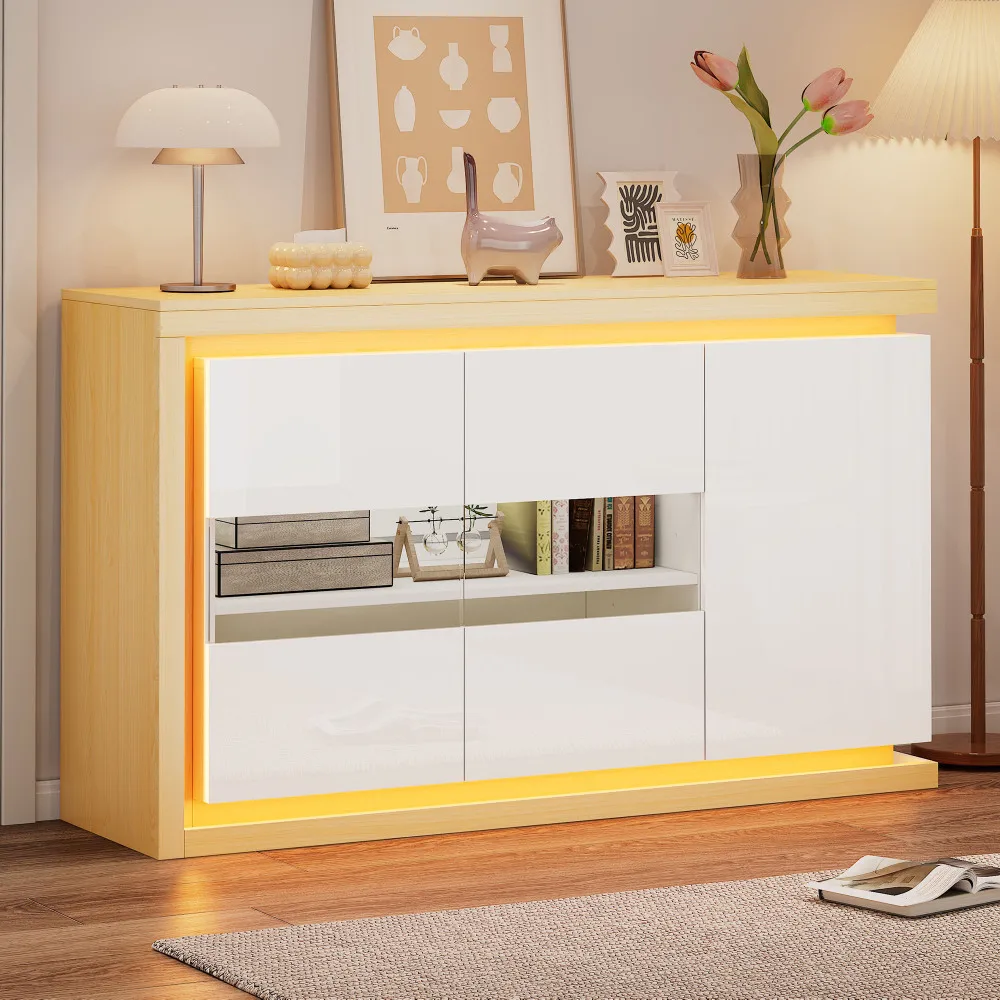 Aparador moderno de alto brillo de 140×40×84 cm, cómoda independiente con puertas de vidrio templado y barra de luz LED
