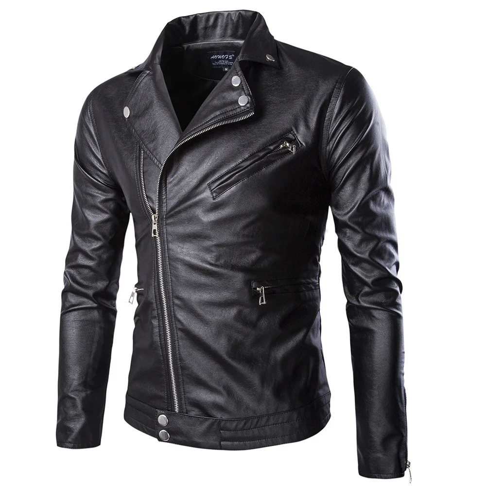 

High Quality Men Slim Blue Motorcycle Leather Jackets Punk style Autumn New Mens Oblique zipper Leather & Suede Coats