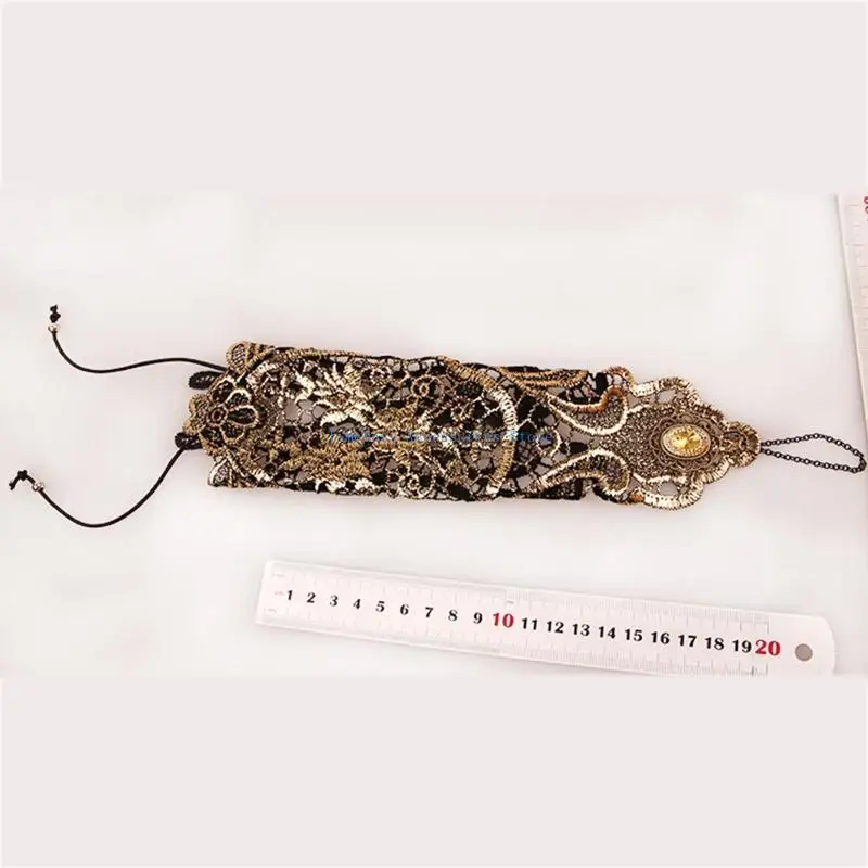 

97QE Medieval Gold Lace Gloves Steampunk Lace Fingerless Gloves Beautiful Finger Ring Cosplay Accessories for Valentines Day