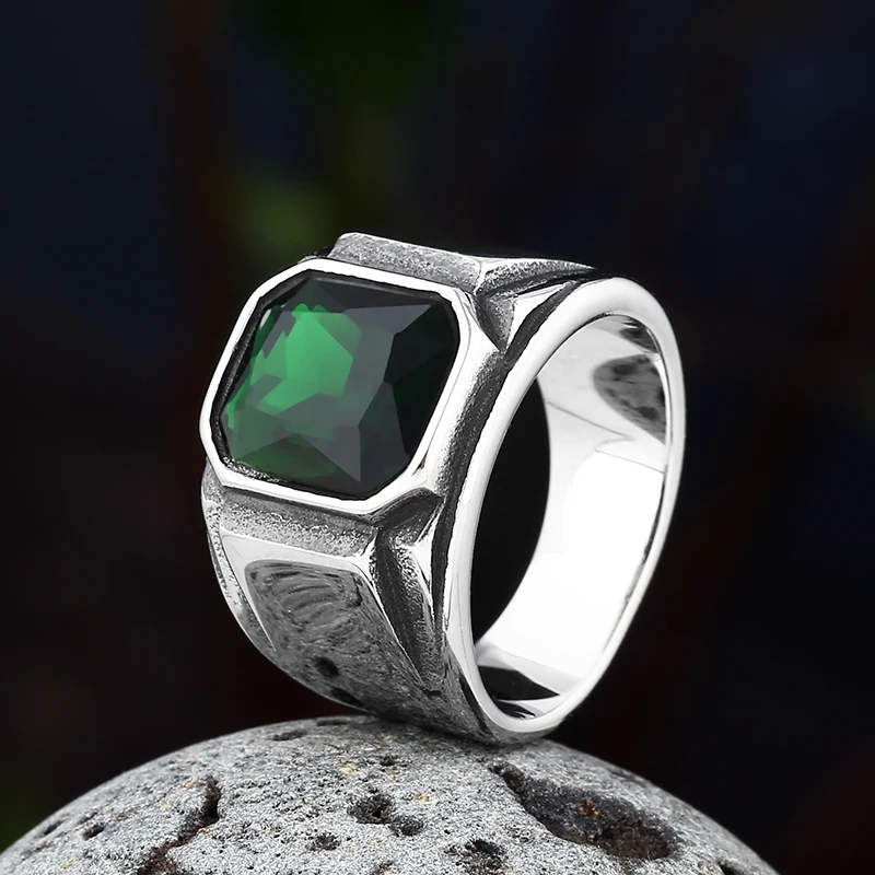 2023 New 316L Stainless Steel Men\'s Punk Rock Green&Blue Gem Stone Ring Gothic Style Biker Anel Fashion Wedding Charm Jewelry