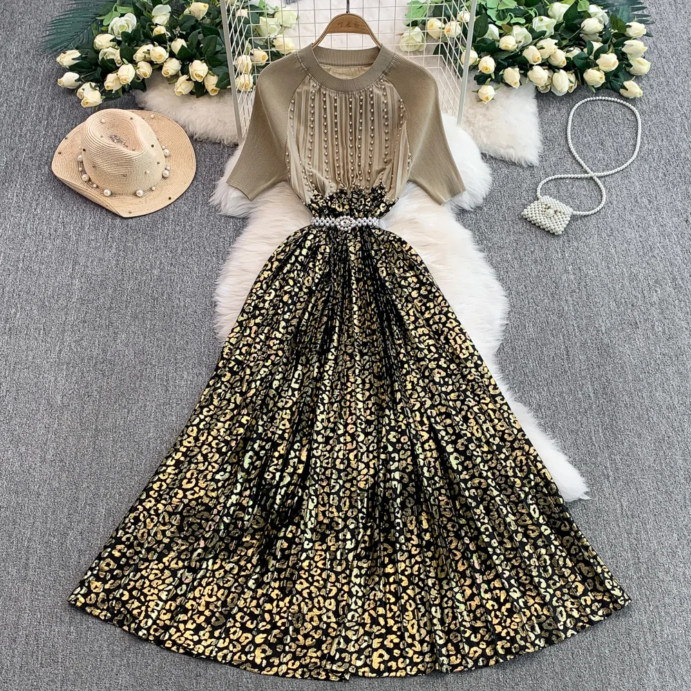 

Chic vintage sexy short sleeve Spliced Ruched A-line Dress Fashion korean fashion Slim summer Elegant robe dresses