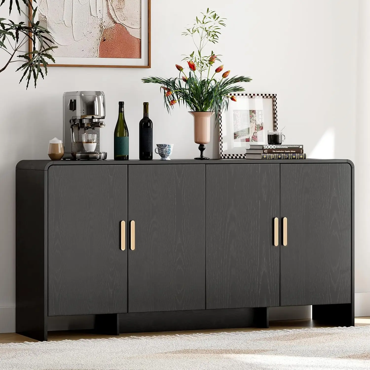 

60"" Sideboard Buffet Cabinet With Storage, Curved Design Farmhouse Coffee Bar Cabinet With 4 Doors & Adjustable Shelves For
