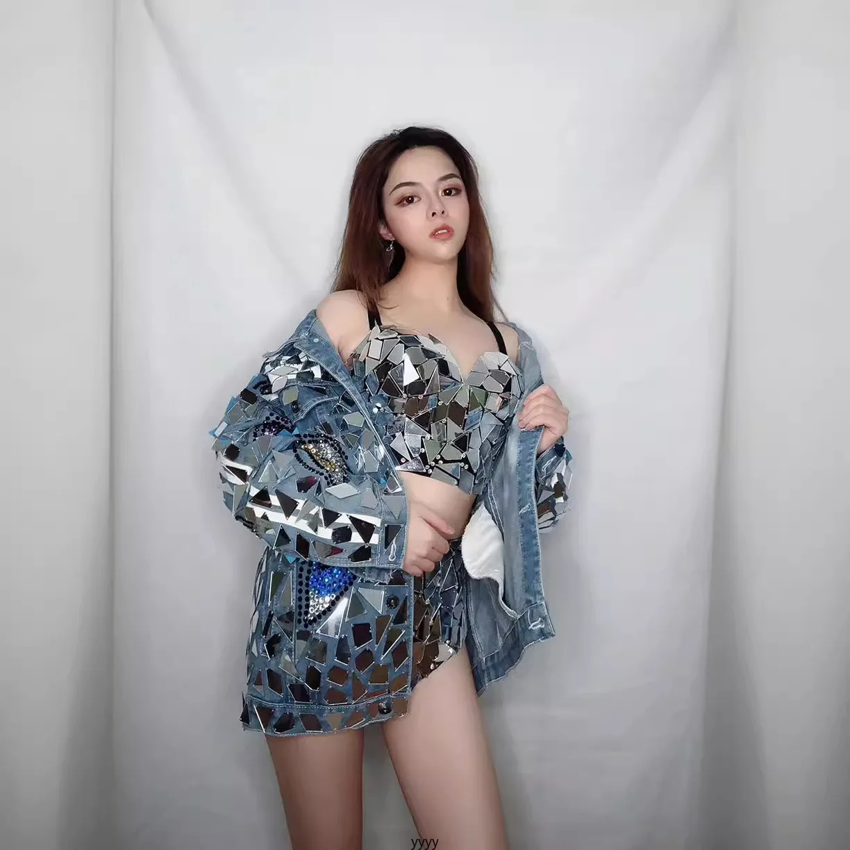 ที่กําหนดเองผู้หญิงผู้ใหญ่เพชรเลื่อมชุดยาววันเกิดเครื่องแต่งกายชุด DENIM เลนส์กระจกเสื้อบิกินี่ STAGE
