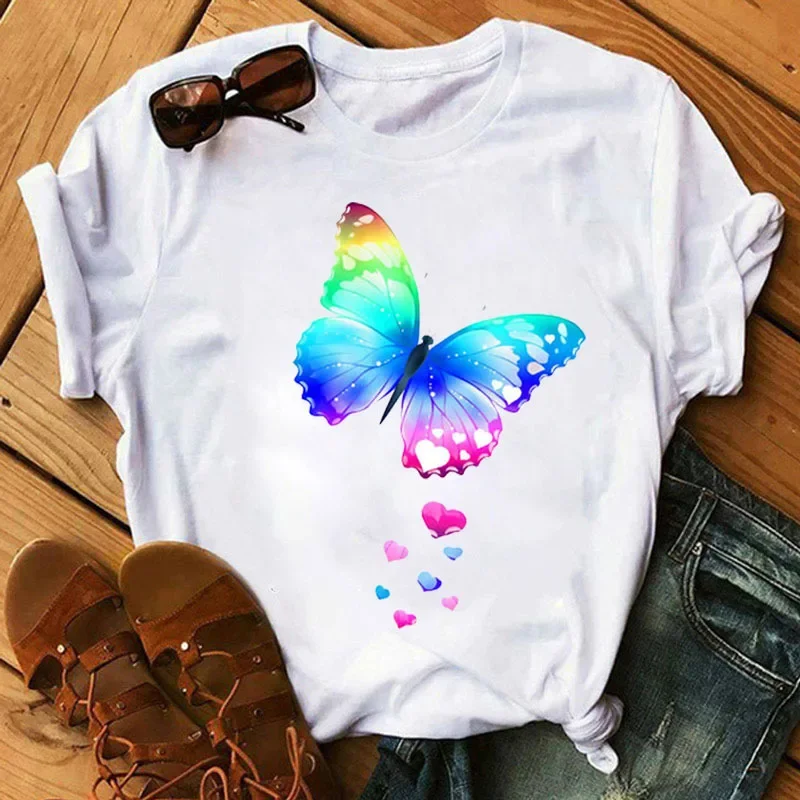 Fashion Color Butterfly Print Simple Base Shirt Fashion Casual Clothes T-shirt Graphic T Shirts  Harajuku  Aesthetic Clothes