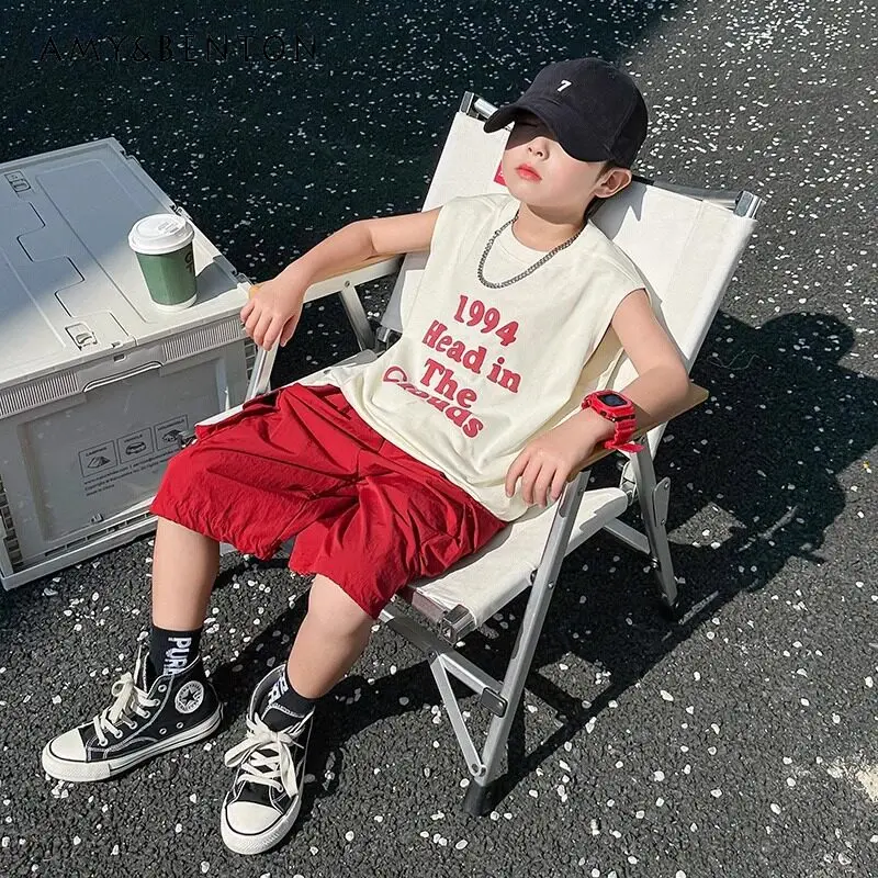 

Cool Boys Fashion Letter Print Sleeveless Tank Top and Wide Led Shorts 2pcs Set 2026 New Summer Kids Casual Loose Fit Soft Suit