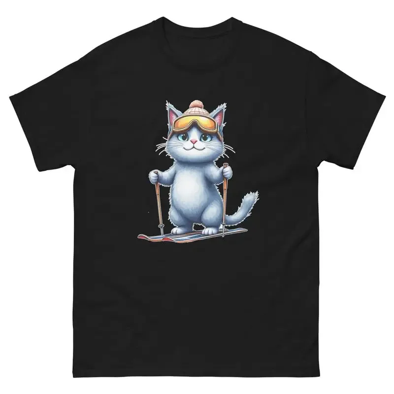 

Cute Cat Skier Graphic Tee Men Cotton Breathable Round Neck T-Shirt Winter Sport Trip Apparel