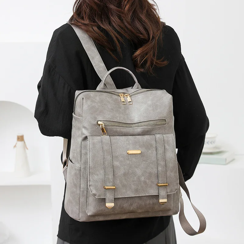 Europe and United States shoulder bag women's new fashion solid color backpack leisure pu soft leather splash-proof travel bag