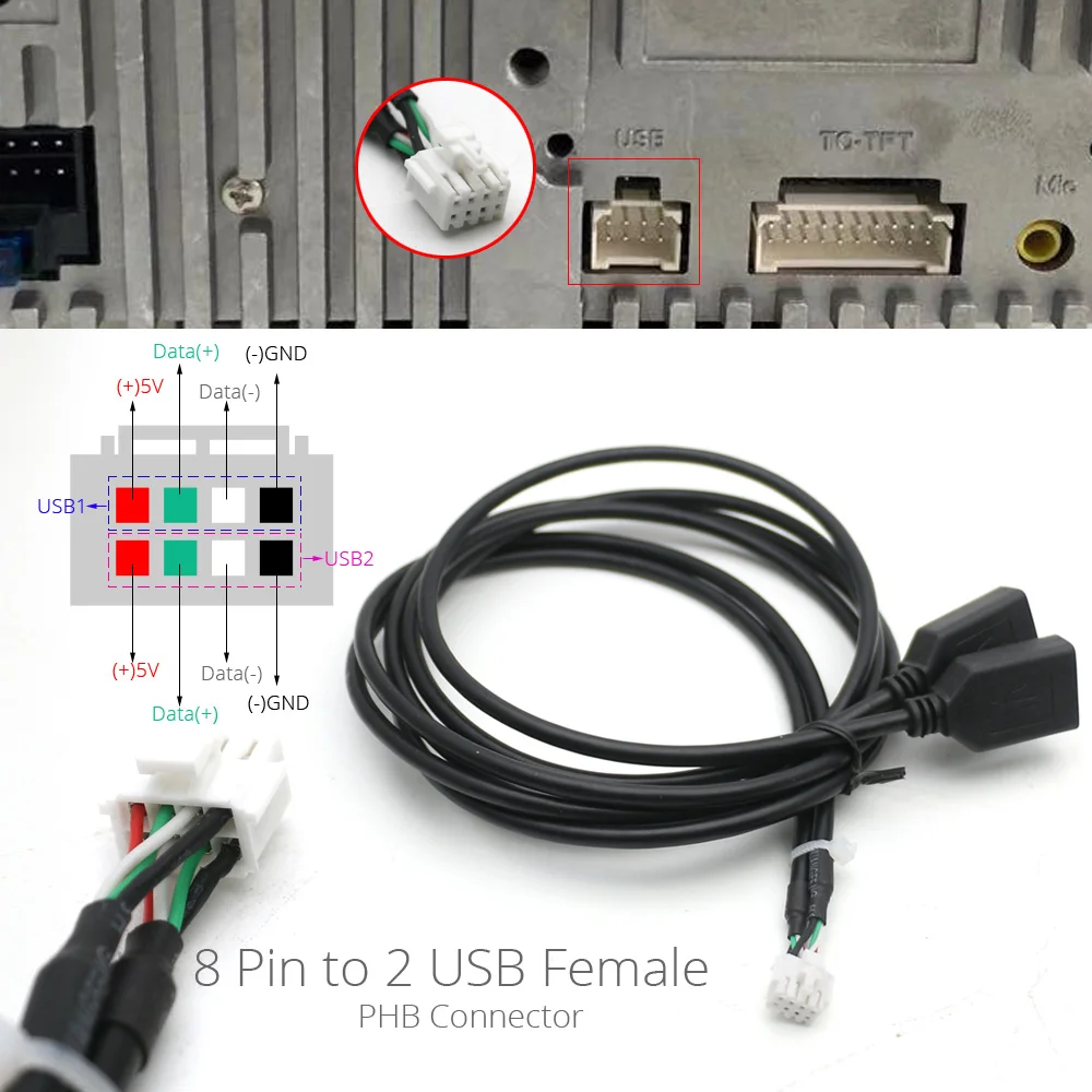 8 10 Pin Car Radio PHB Mini Dual USB Interface Cable Adapter Plug Connector for Android Navigation Multimedia Player