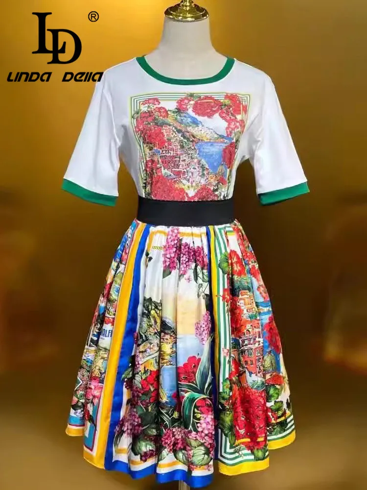 

LD LINDA DELLA Summer Women's Suit Short-Sleeved Casual Basic Tops+Silk Pleated Skirt Fashion Print Holiday Two Piece Set