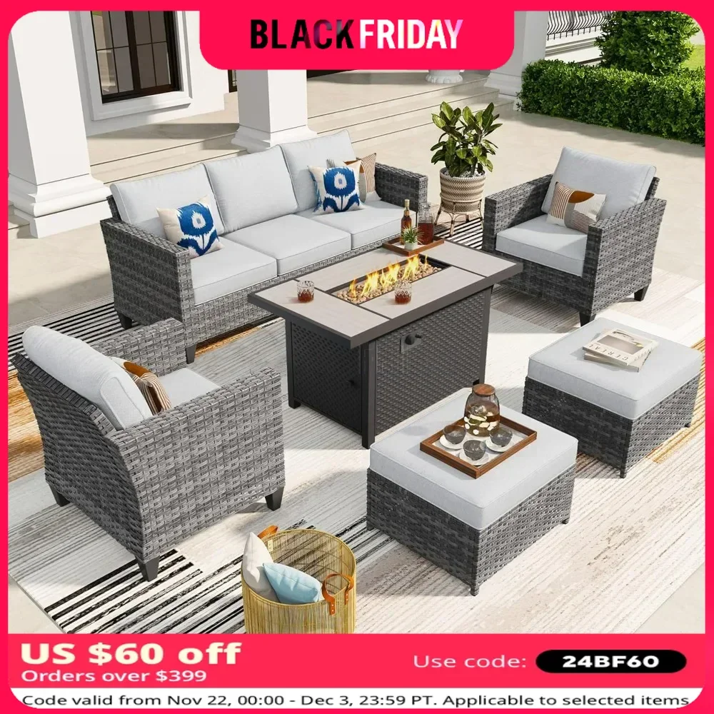 6 Pcs Patio Furniture Set with Fire Pit Table, Outdoor Wicker 3-Seat Sofa with Comfy Cushion, High Back Rattan Conversation Set