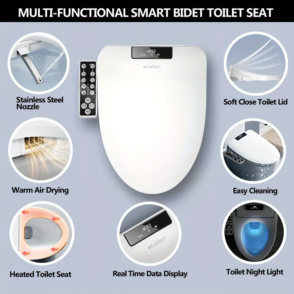 Elongated Bidet Toilet Seat, Electronic Heated Smart Toilet Seat with Unlimited Heated Water and Warm Air Dryer, Adjustable Temp