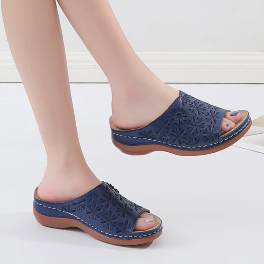 

Pop 2025 New Round Toe Retro Ethnic Style Solid Color Women's Shoes With Hollowed Out Wedge Heel Comfortable Slippers Size 36-43