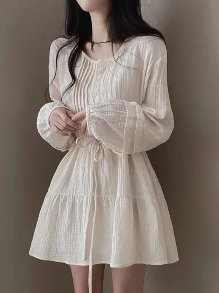 

South KoreachicSpring Summer French Style Gentle Round Neck Pleated Design Petite Tie Waist Slimming Dress for Women