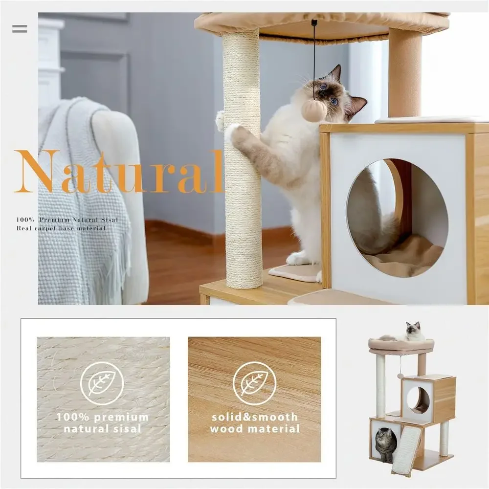 35 Wooden Cat Tower with Double Condos, Spacious Perch, Wrapped Sisal Posts, Replaceable Balls - Walnut - view 2