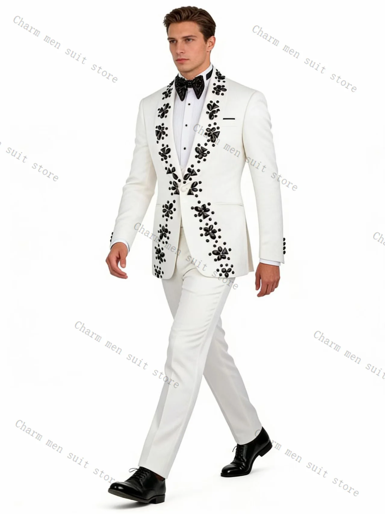 

White Crystals Men Suits Set 2 Pcs Blazer+Cotton Pants Trousers Groom Wedding Tuxedo Formal Office Business Groom Jacket Coat