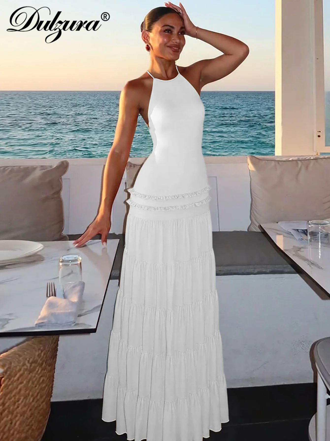 Dulzura Halter sin mangas sin espalda ajustado con cordones volantes plisado vestido largo sólido Sexy elegante vestido de fiesta Club traje de verano