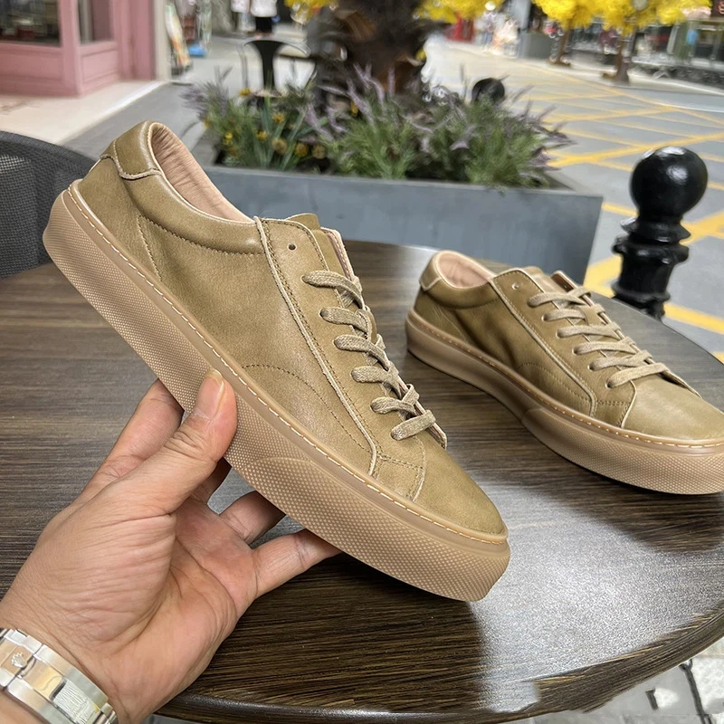 

Men's Spring Sneakers, European Retro Style Genuine Leather Low Top Lace-Up for Casual & Trendy Wear, Comfortable & Versatile