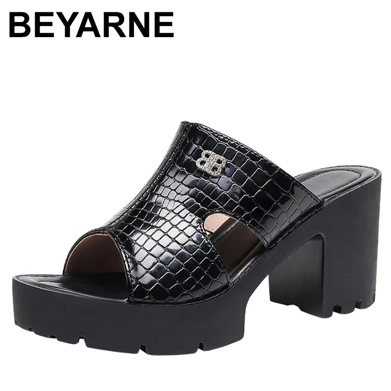 

Small Size 32-43 Elegant Block High Heels Patent Leather Shoes Summer Thick Platform Sandals Women Office Model Slipper