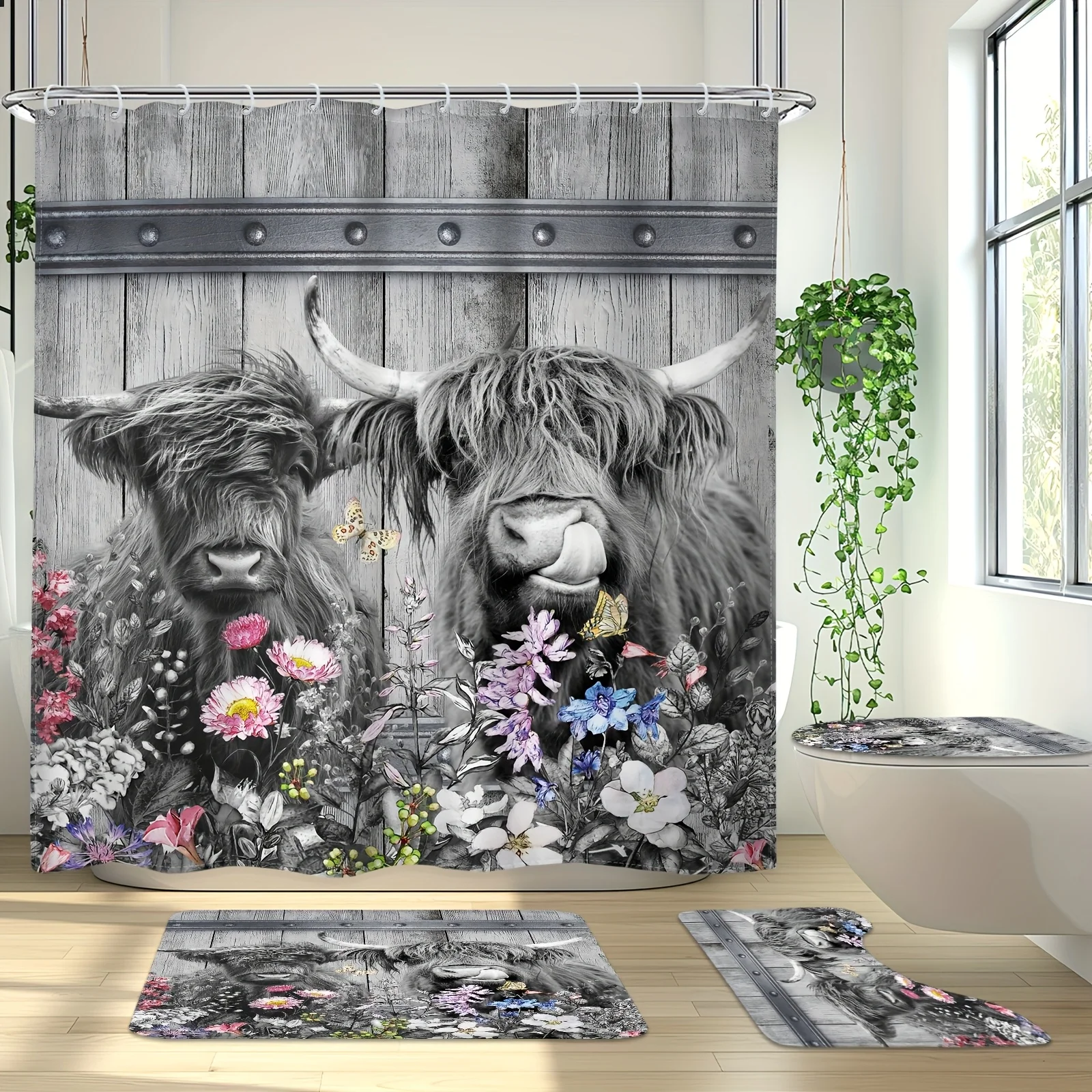 

Charming Highland Cow Bathroom 4-Piece Set: Shower Curtain, Bath Mat, Toilet Cover, and Tank Cover – Rustic Floral Decor