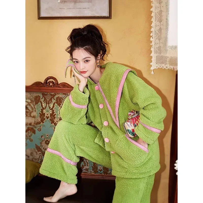 Coral fleece Navy collar Cardigan pajamas female wintertime Loose plus size Fleece trousers and a two-piece home suit sleepwear