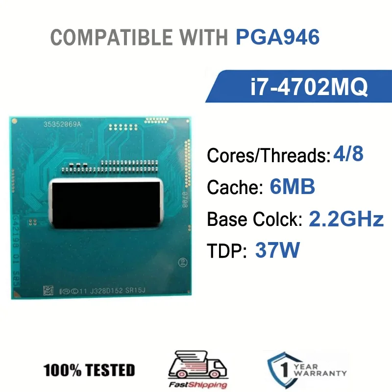 Intel Core i7-4702MQ 4 núcleos 8 hilos 2,2 GHz 37 W 6 MB de caché 22 nm LGA 946 SR15J DDR3L 1333/1600 MHz Haswell HD Graphics 4600