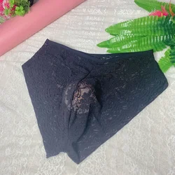 Sexy Mens Sissy Briefs Full Lace Bikini Panties Seamless Solid Underwear Soft Thong Mesh Sheer Elasticity G-string Summer Pants