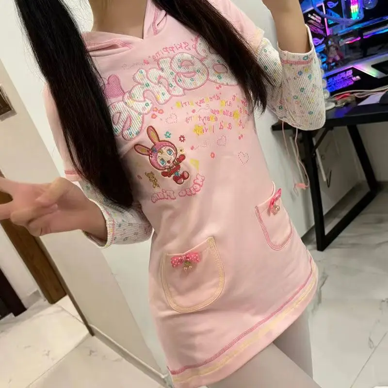 Subcultura japonesa Mezzopiano Kawaii vestidos con capucha lindo estampado de dibujos animados vestido de manga larga mujer delgada falsa dos minifalda de una línea