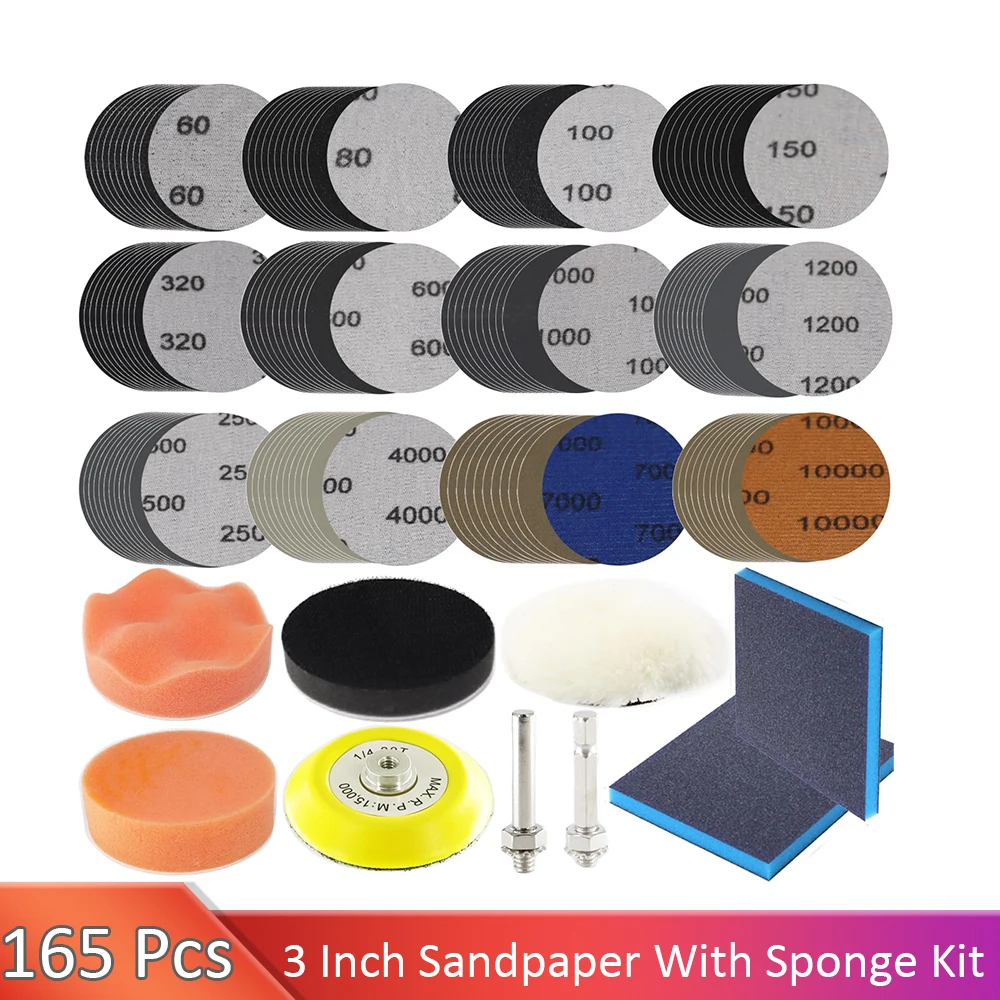 

120pcs 3 Inch Sandpaper Sanding Disc Grit 60-10000 Wet Dry Sandpaper with 1/4" Shank Backer Plate and Sanding Sponge