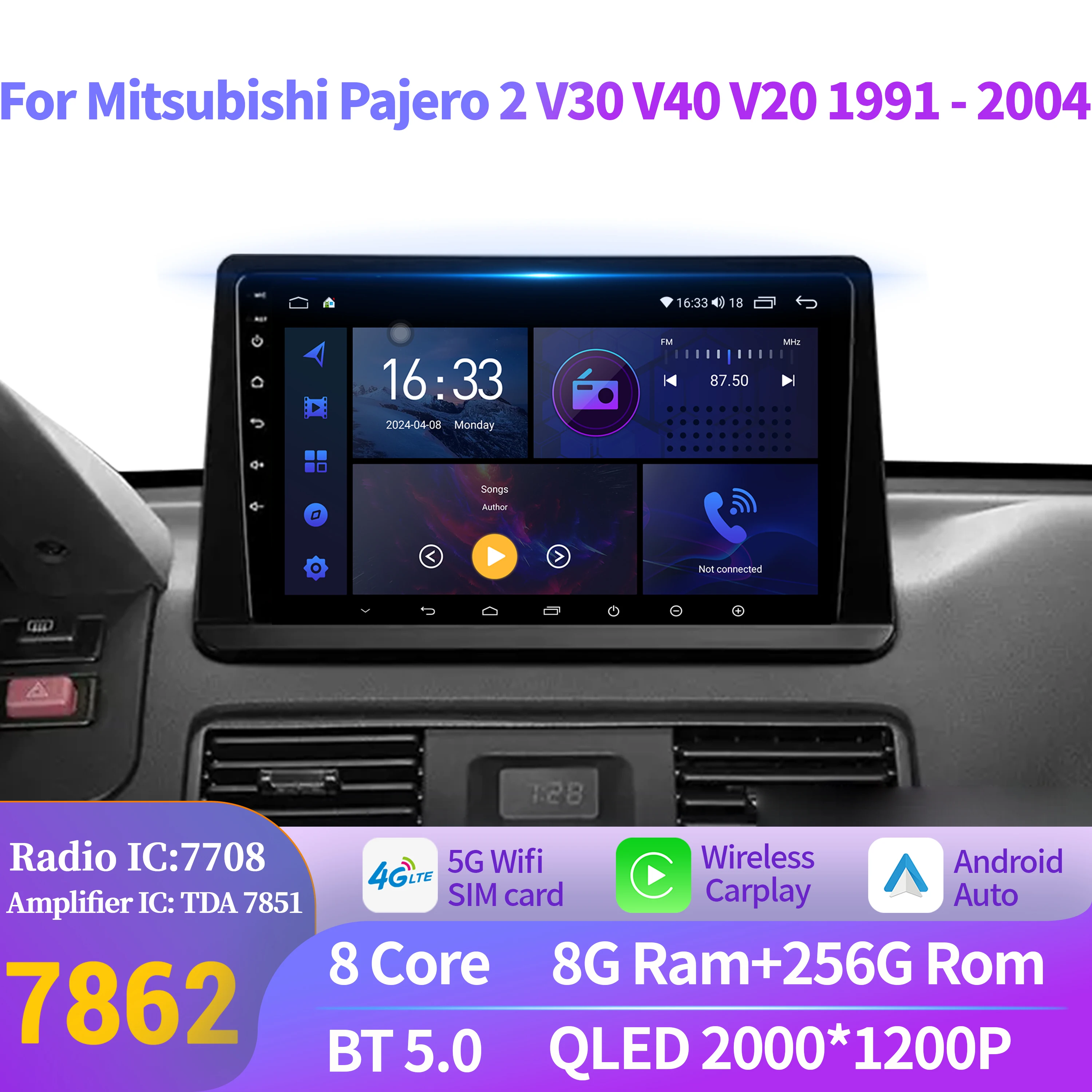 

For Mitsubishi Pajero 2 V30 V40 V20 1991-2004 Car Radio Multimedia Navigation Android 14 Wireless 7862 BT CarPlay 2K QLED Screen