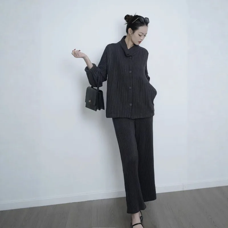 2025 مياكي مطوي السراويل دعوى ربيع خريف جديد بلون سترة الوقوف طوق سترة السراويل المستقيمة قسم سميك عادية #3