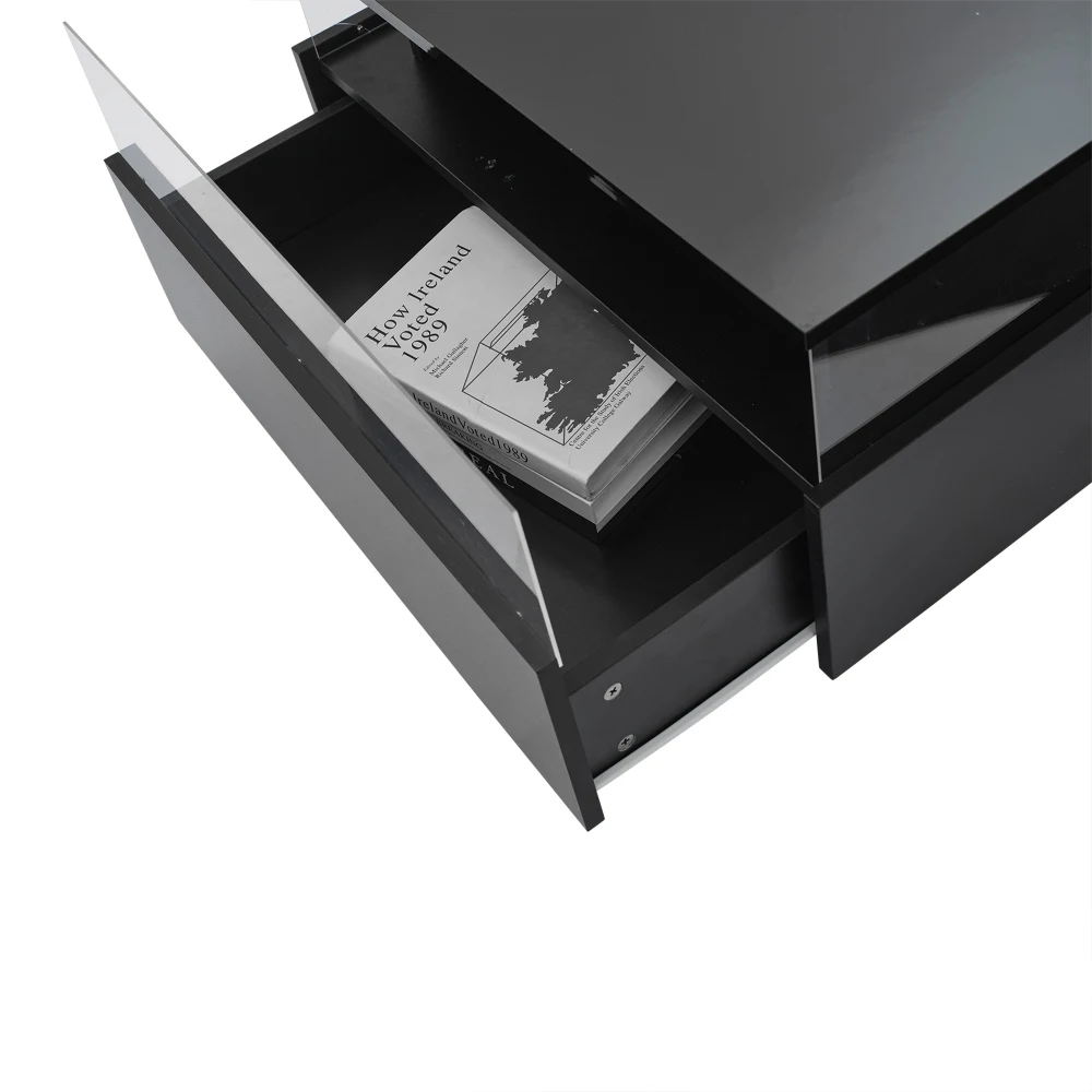 70 x 70 x 41 cm großer moderner Hochglanz-LED-Couchtisch mit 2 Schubladen und transparentem Präsentationsbereich, belastbar bis zu 30 kg – Detail 21