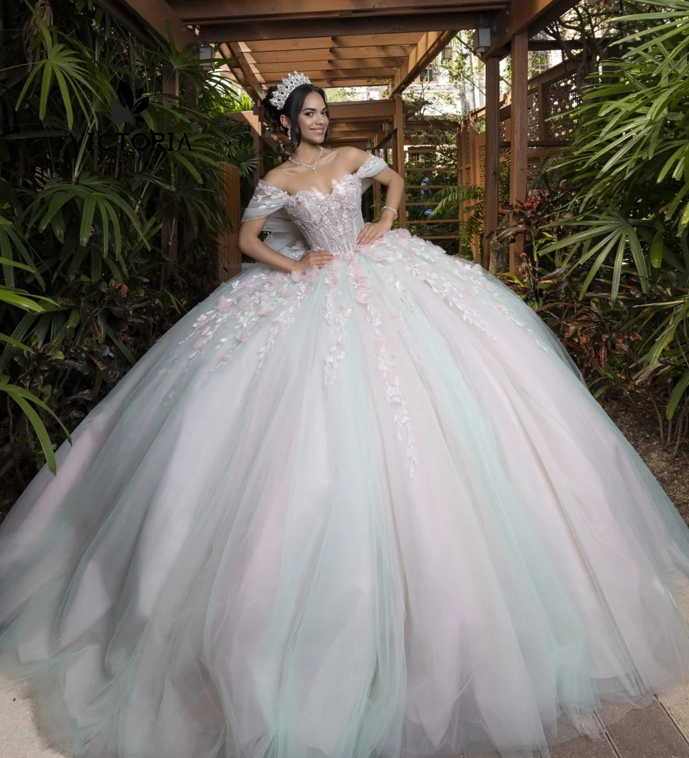 

Light Pink And Green Ball Gown Quinceanera Dress Flowers Sweet 15 16 Dress Off the Shoulder Vestidos De 15 Anos Customized