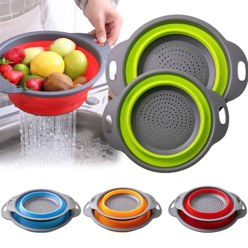 Silicone Folding Drain Basket Fruit Vegetable Washing Basket Foldable Strainer Colander Collapsible Drainer Kitchen  Tool Laddle