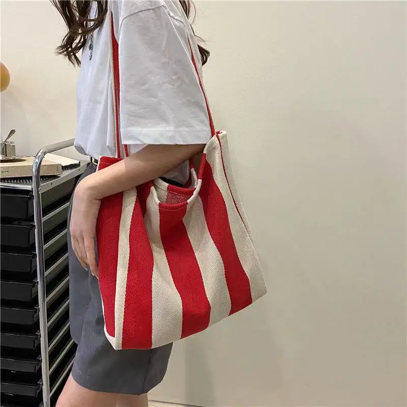 2023 fashion korea literature stripe Women\'s Canvas Tote Bag retro Shopper Bags Lady canvas big Shoulder Bag For Women