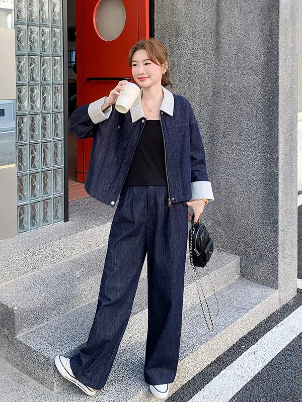 

Color Blo Denim Top And Wide Leg Pants Set Women's Casual Spring Autumn Two Piece Set High Waist Zipper ort Length Ne