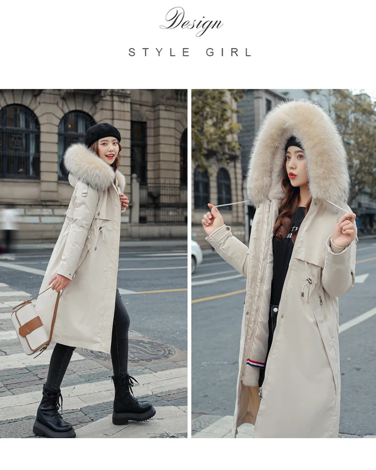 Women Hooded Parkas Coats Long Jackets Solid Detachable Big Fur Lenth Collar Zipper Drawstring Slim Fit Thick Casual 2025 Winter